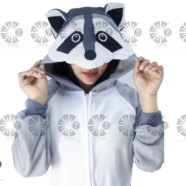 Kigurumi de raton laveur gris fait à la main pour adultes - Cosplay adultes - Cosplay Raccon - Romper -Animal Pyjamas Adult Costume tenue - cadeaux cosplay