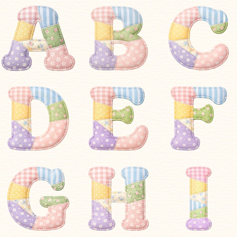 Faux Embroidered Alphabet PNG Bundle, Faux Quilted Patchwork Letters ...