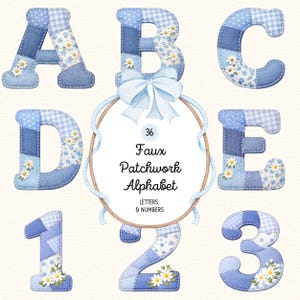 Paquete PNG de alfabeto bordado falso, letras de patchwork acolchadas falsas, alfabeto de abuela con estilo cottagecore preppy para sublimación y diseños DIY