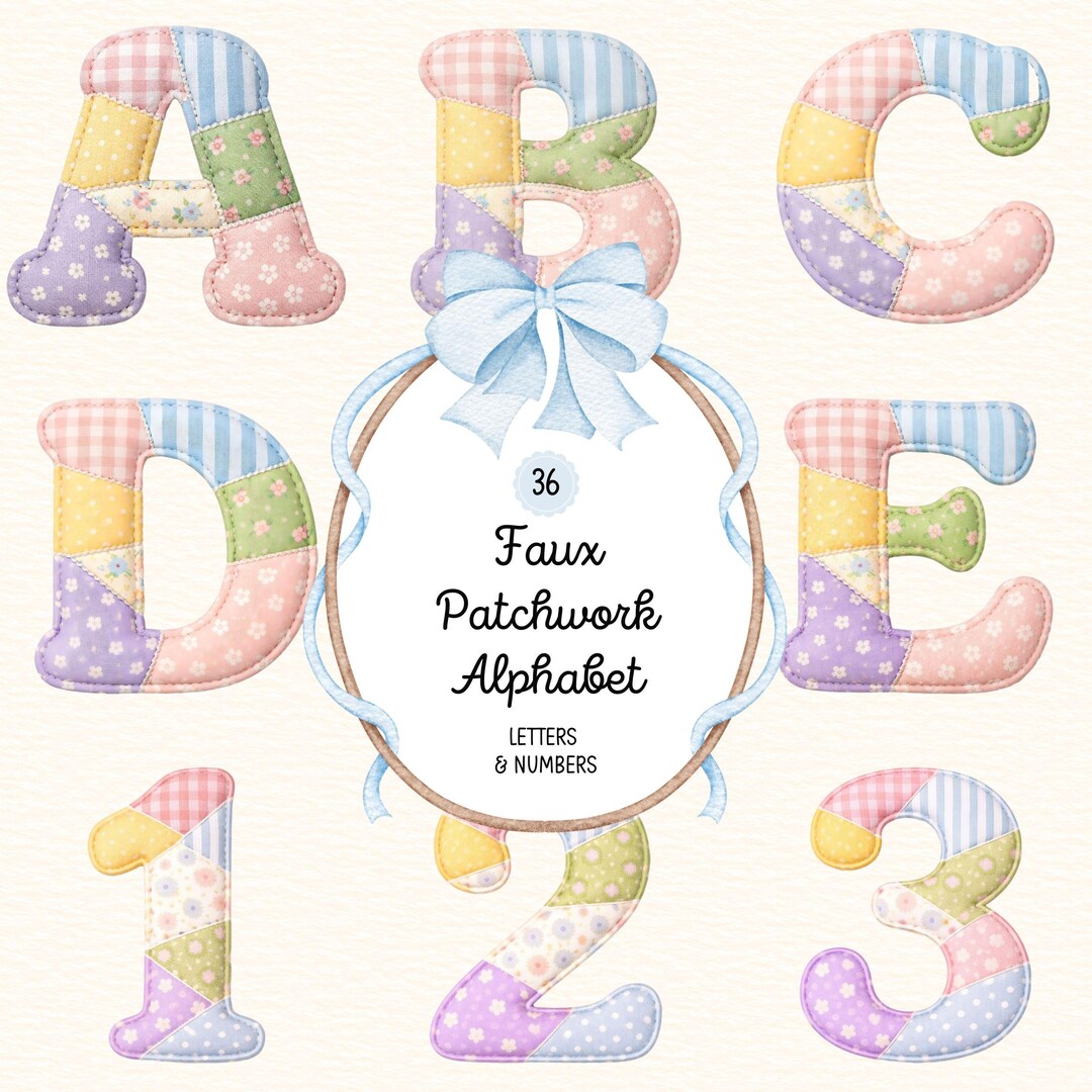 Faux Embroidered Alphabet PNG Bundle, Faux Quilted Patchwork Letters ...