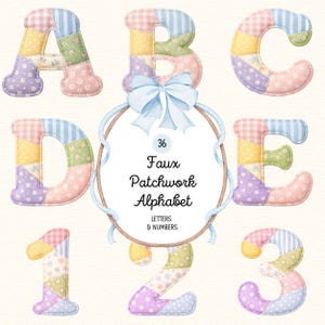 Könnte beinhalten: Eine Sammlung von Buchstaben und Zahlen des Fake-Patchwork-Alphabets in Pastellfarben. Die Buchstaben A, B, C, D und E sowie die Zahlen 1, 2 und 3 sind abgebildet. Jeder Buchstabe besteht aus Stoffflicken.