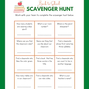Back to School Classroom Scavenger Hunt