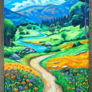 Hand-Painted Mountain Valley Landscape | Impasto Wildflower Art | Textured Acrylic Painting |