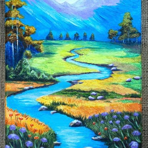 Golden Mountain Valley Impasto Painting: Textured Acrylic Landscape Art (29x21 cm)