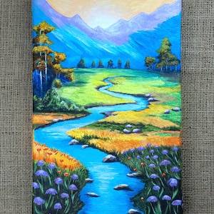 Paisaje de valle de montaña dorada / Arte acrílico empaste pintado a mano / Pintura de naturaleza texturizada / 29 x 21 cm / Arte paisajístico para oficina /