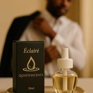 May include: A black box with gold lettering and a perfume bottle on a small tray. The box reads "&Eacute;clair&egrave;" and "QUINTESSCENTS" with a water droplet design. The perfume bottle is clear with a white top and contains a yellow liquid. The bottle is 20ml.