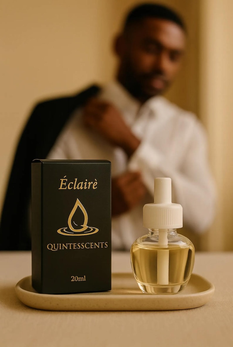 May include: A black box with gold lettering and a perfume bottle on a small tray. The box reads "&Eacute;clair&egrave;" and "QUINTESSCENTS" with a water droplet design. The perfume bottle is clear with a white top and contains a yellow liquid. The bottle is 20ml.