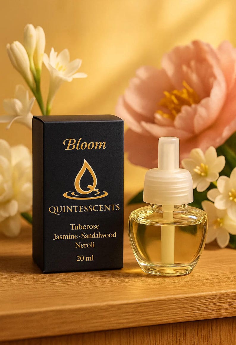 May include: A clear glass air freshener with a white top and a black box. The box reads "Bloom" and "Quintesscents" with scent notes. The air freshener is next to white and pink flowers. The product contains 20 ml.