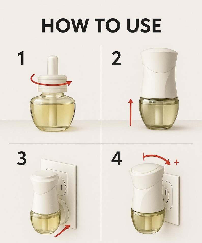 May include: A step-by-step guide on how to use an air freshener. The image shows the product in four stages: opening the bottle, assembling the device, plugging it into an outlet, and adjusting the scent level. The text "HOW TO USE" is at the top.