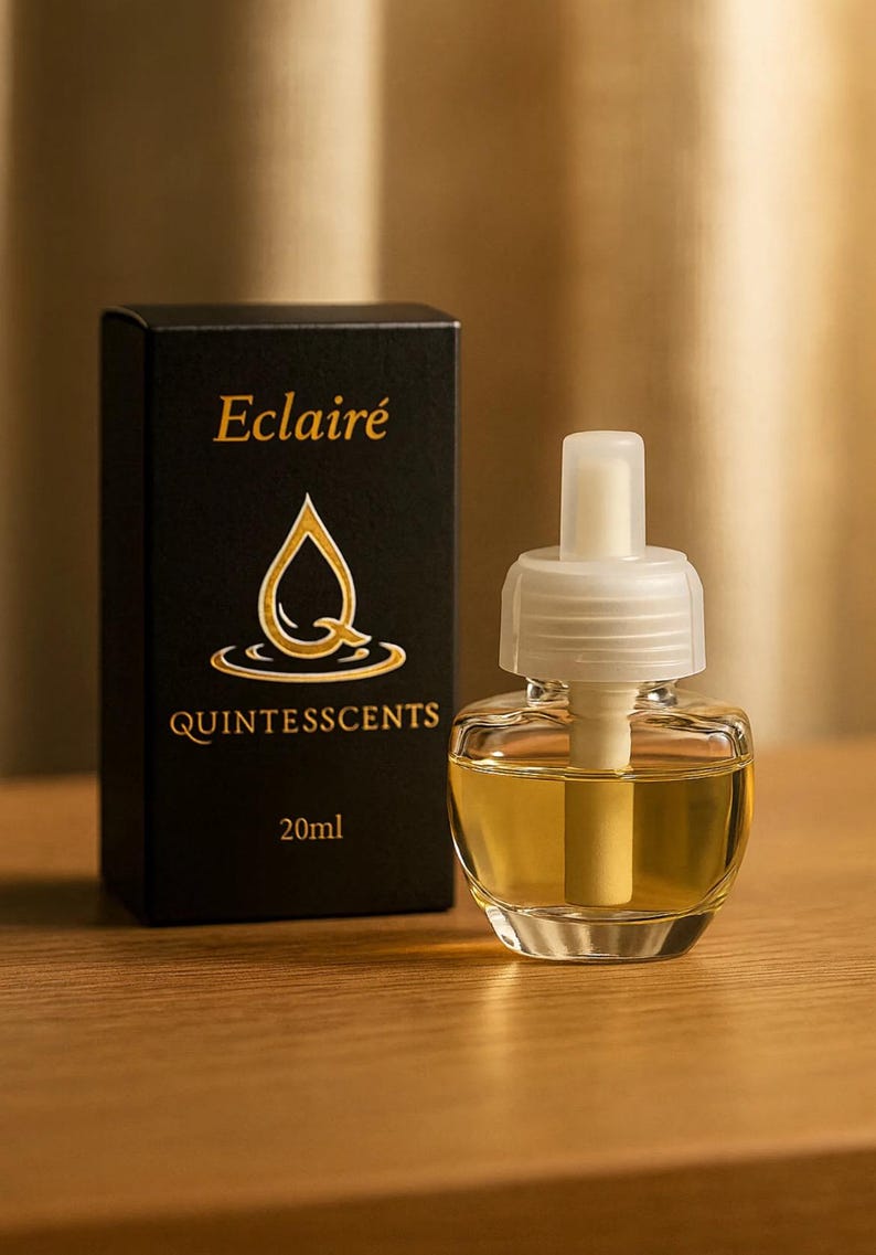 May include: A clear glass air freshener with a white top and a black box. The box has gold text that reads "Eclair&eacute; QUINTESSCENTS 20ml" and a gold logo. The air freshener contains a yellow liquid.