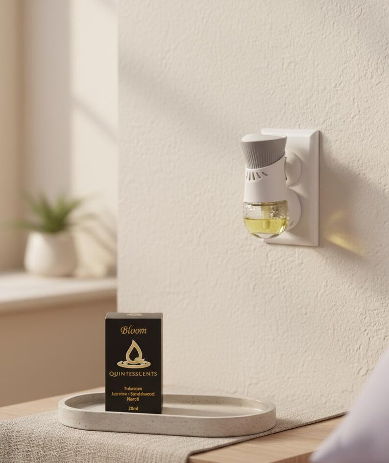 May include: An air freshener plugged into a wall outlet, with a gray and white design and a clear container filled with yellow liquid. A black box with gold text and the word "Bloom" is on a gray tray. The box also says "QUINTESSCENTS".