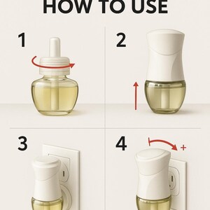 May include: Image showing the steps on how to use an air freshener. The steps are numbered and show how to twist the fragrance bottle, insert it into the diffuser, and plug it into an outlet. The text "HOW TO USE" is at the top.