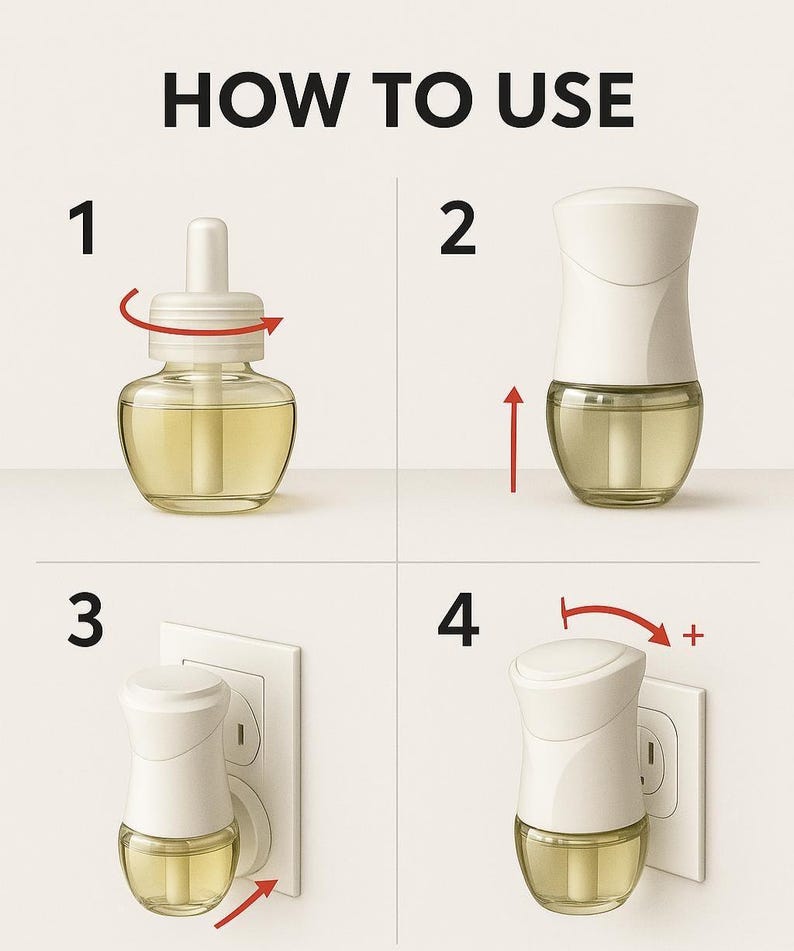 May include: Image showing the steps on how to use an air freshener. The steps are numbered and show how to twist the fragrance bottle, insert it into the diffuser, and plug it into an outlet. The text "HOW TO USE" is at the top.
