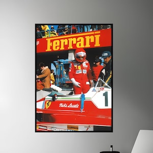 Pôster Ferrari Niki Lauda F1 | Pôster de corrida de Fórmula 1 dos anos 1970 | F1 clássico | Arte de parede de automobilismo vintage l Ferrari 312T | Grande Prêmio da França
