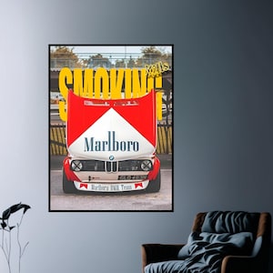 Pôster BMW | Pôster BMW 2002 | Decoração de automobilismo | Corrida de Rally | Marlboro | Fumar mata | Carro retrô | Pôster vintage | Anúncio de cigarro