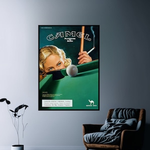 Pôster de camelo | Pôster vintage | Propaganda de tabaco | Bilhar | Revista | Pôster de bar | Arte retrô | Fumo | Pôster de cigarro | Arte de parede