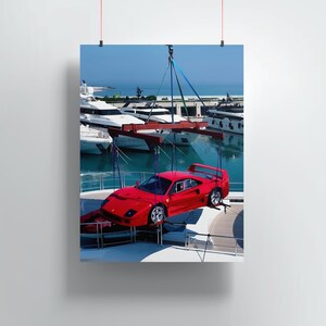 フェラーリF40、ヨットポスター、スーパーカー装飾、高級ウォールアート、エキゾチックカー、ガレージ装飾、ヨットポスター、モナコスーパーカーポスター、モンテカルロ