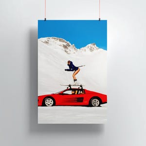 Poster Ferrari | Ski Wand Kunst |  Roter Ferrari Testarossa | Retro Pop Art Wanddekor | 1980er Jahre Supersportwagen Poster | Alpine Szene | Modekunst