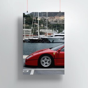 フェラーリ F40 モナコ ポスター | 高級スーパーカー ウォール アート | エキゾチック カー プリント | モンテ カルロ ハーバーの写真 | モナコ ヨット ライフスタイル デコレーション