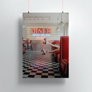 Pôster de restaurante retrô, decoração de restaurante americano vintage, arte de parede de patins dos anos 1950, letreiro de neon, arte pop, decoração de bar, arte de parede de café, cabine vermelha