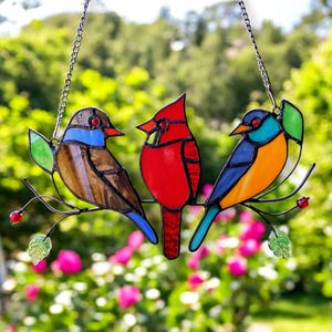 Glass Bird Suncatchers, Cardinal stained glass window hangings, stained glass bird, Window Decor, Stained Glass Art