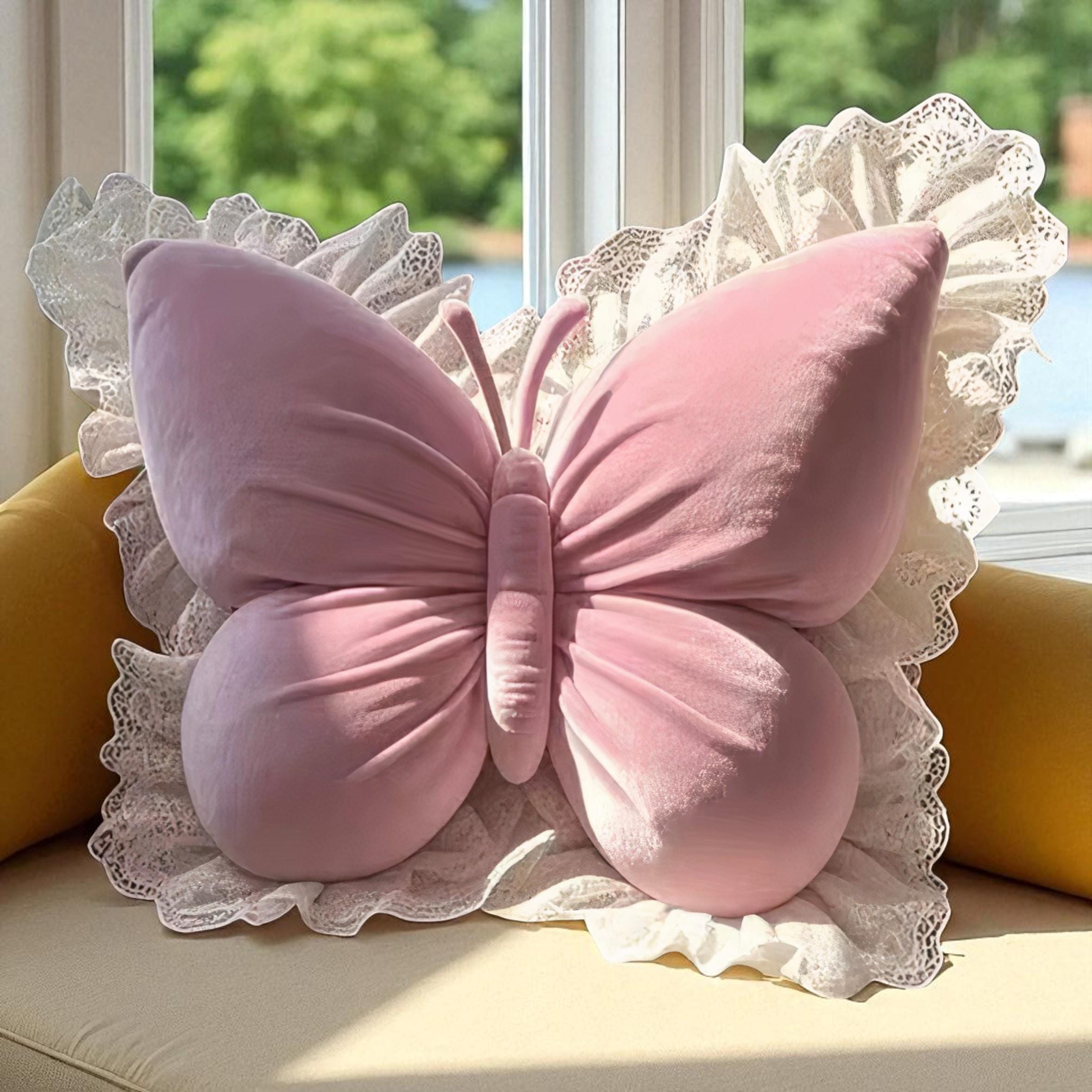 Coussin Décoratif Papillon Avec Dentelle - 45 X 40 Cm, Velours, Pour Canapé, Lit, Décoration