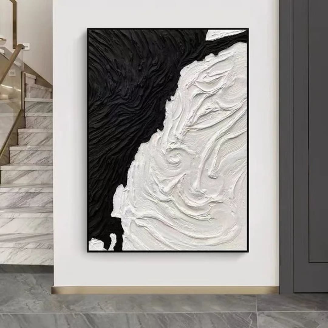 Black and White Textured Abstract Wall Decor Hand Painted Modern Art ...