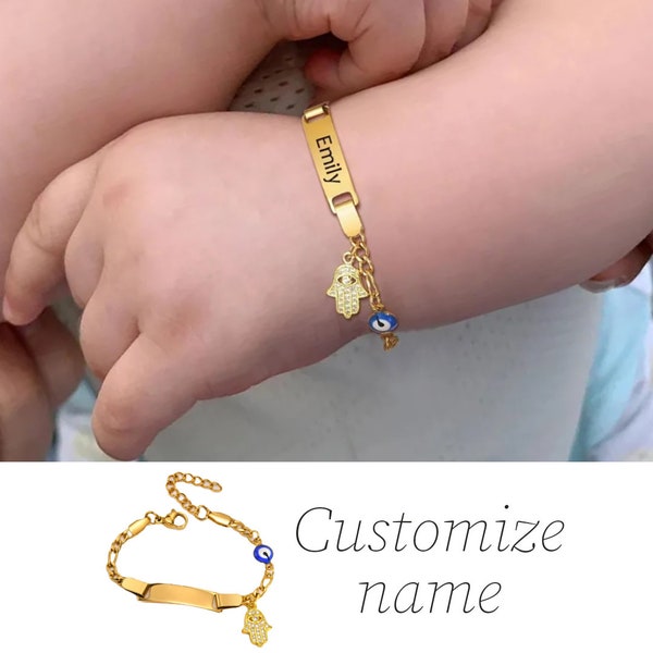 Bracelet chaîne personnalisé pour bébé mauvais œil pour bébé - Main Hamsa de Fatima - Personnaliser le nom et le symbole gravés - Enfant personnalisé Plaqué or