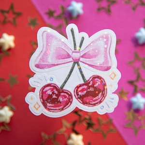 Holographic Cherry Bow Sticker: Coquette Kawaii Decal