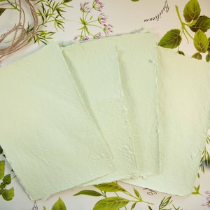 Hellgrünes handgeschöpftes Papier - 4 Bögen | Recyceltes Büttenpapier, Ephemera für Junk Journaling, Scrapbooking, ethisch korrekt