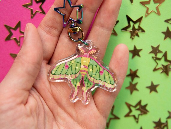Moon Moth Acrylic Keychain: Star Holo Epoxy, Iridescent Clasp