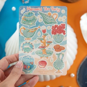 Tea Party sirène - Feuille d'autocollants | Stickers holographiques inspirés de Ghibli, stickers de scrapbooking, stickers agenda, stickers de journal, stickers pour ordinateur portable