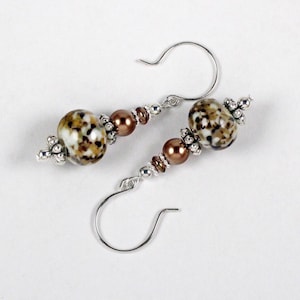 Lampwork Glass Earrings Small Handmade Brown White Bead Dangle with Sterling Earhooks