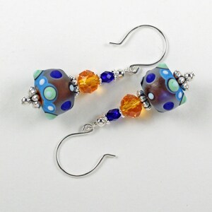 Lampwork Glass Earrings Handmade Blue Orange Green Bead Dangle with Sterling Hooks