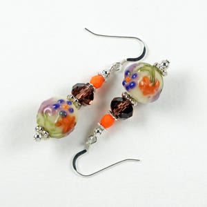 Lampwork Glass Earrings Small Handmade Orange Purple Bead Flower Dangle with Sterling Hooks