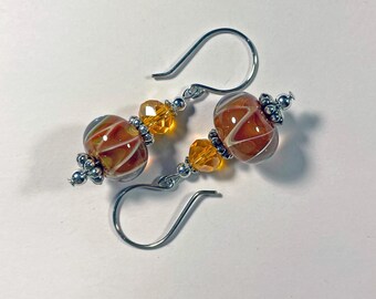 Lampwork Earrings Small Handmade Orange Glass Bead Dangle with Sterling Earhooks