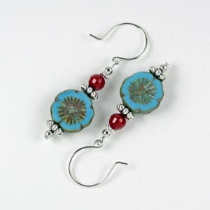 Dangle Earrings Handmade Blue Red Czech Glass Bead Hibiscus Flower with Sterling Earhooks