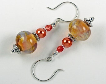 Lampwork Glass Earrings Handmade Orange Bead Dangle with Sterling Earhooks