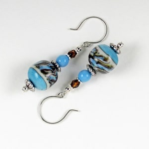 Lampwork Glass Earrings Handmade Blue Brown Bead Dangle with Sterling Earhooks
