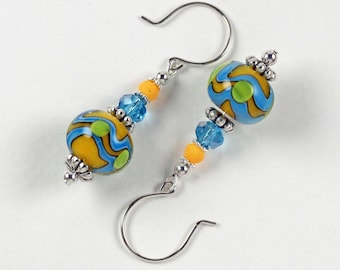 Lampwork Glass Earrings Handmade Orange Blue Bead Dangle with Sterling Earhooks