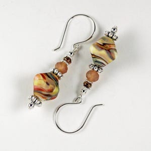 Lampwork Glass Earrings Handmade Brown Yellow Red Bead Bicone Dangle with Sterling Earhooks