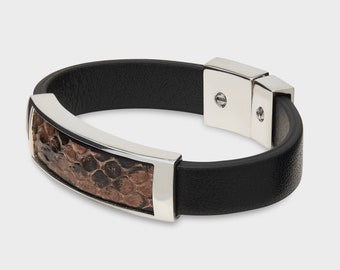 Designer Schlangenleder .925 Silber Manschettenarmband Individuelle Magnetverschluss Nerz Braun