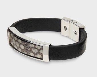 Designer Snakeskin Leder .925 Silber Manschette Armband Individuelle Magnetverschluss Neutral Grau und Weiß