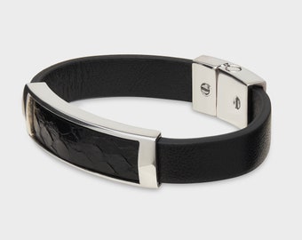 Designer Schlangenleder .925 Silber Manschette Armband Individuelle Magnetverschluss Schwarz glasiert