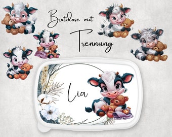 Kuh mit Teddy Brotdose - Lunchbox - Brotdose mit Trennung - Personalisiert nach wunsch - Schule - Kindergarten - Kindermotiv