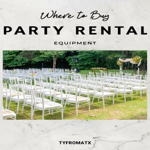 May include: White folding chairs set up in rows on a grassy lawn. The chairs are arranged for an outdoor event, with a floral archway in the background. The text "Where to Buy Party Rental Equipment" is at the top of the image.