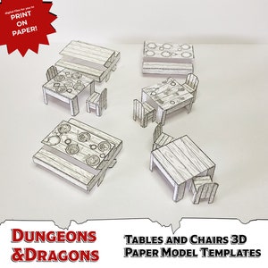Tische und Stühle 3D Papier Modell Vorlagen für Dungeons and Dragons Miniaturen und andere Tabletop-Rollenspiele