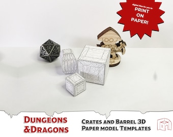 Crates and Barrel Papercraft Model, Dungeons and Dragons Terrain (PDF Pattern)
