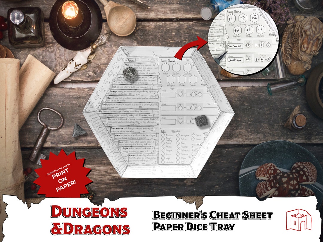 Beginner Cheat Sheet Dice Tray for Dungeons and Dragons TTRPG, Paper ...