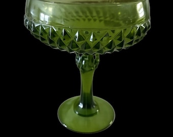 Vintage olivgrön pressad glaskompottskål diamantmönster 18 cm